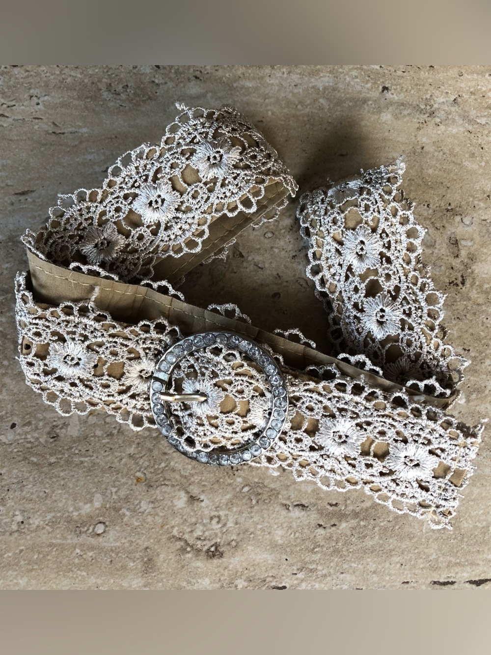 Claire's Cream Lace Crochet Belt with Crystal Rhinestone Circle Buckle